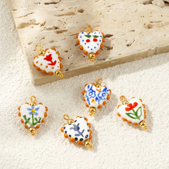 Imagen de 2 Unidades PVD Ecológico Impermeable Antioxidante Hipoalergénico 304 Acero Inoxidable & Resina día de San Valentín Colgantes Al Por Mayor 18K Oro Real Chapado Multicolor Esmalte Corazón Pintado 25mm x 17mm