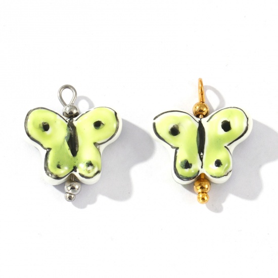 Picture of Eco-friendly 304 Stainless Steel & Resin Insect Charms Wholesale Multicolor Green Butterfly Animal Painted 20mm x 17mm