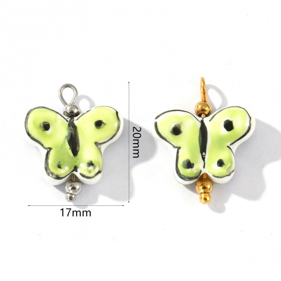 Picture of Eco-friendly 304 Stainless Steel & Resin Insect Charms Wholesale Multicolor Green Butterfly Animal Painted 20mm x 17mm