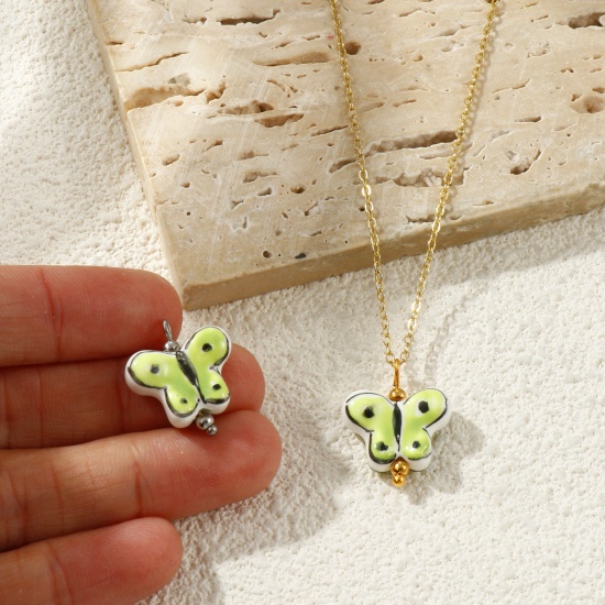 Picture of Eco-friendly 304 Stainless Steel & Resin Insect Charms Wholesale Multicolor Green Butterfly Animal Painted 20mm x 17mm