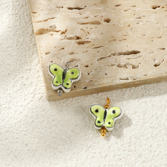 Picture of Eco-friendly 304 Stainless Steel & Resin Insect Charms Wholesale Multicolor Green Butterfly Animal Painted 20mm x 17mm