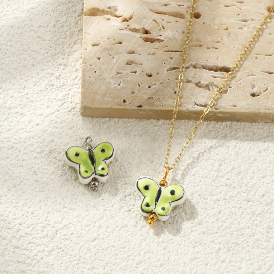 Picture of Eco-friendly 304 Stainless Steel & Resin Insect Charms Wholesale Multicolor Green Butterfly Animal Painted 20mm x 17mm