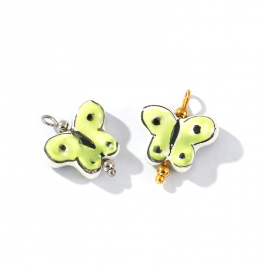 Picture of Eco-friendly 304 Stainless Steel & Resin Insect Charms Wholesale Multicolor Green Butterfly Animal Painted 20mm x 17mm