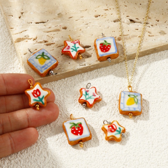 Picture of Eco-friendly 304 Stainless Steel & Resin Charms Wholesale Multicolor Multicolor Enamel Pentagram Star Painted 21mm x 16mm