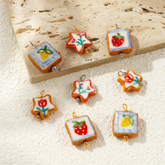 Picture of Eco-friendly 304 Stainless Steel & Resin Charms Wholesale Multicolor Multicolor Enamel Pentagram Star Painted 21mm x 16mm