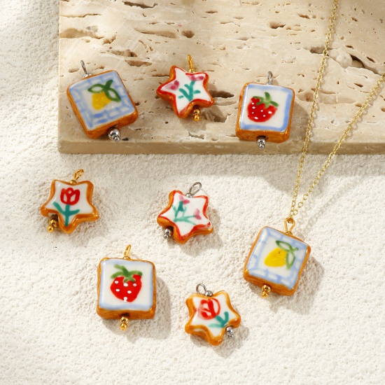 Picture of Eco-friendly 304 Stainless Steel & Resin Charms Wholesale Multicolor Multicolor Enamel Pentagram Star Painted 21mm x 16mm