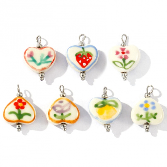Picture of Eco-friendly 304 Stainless Steel & Resin Valentine's Day Charms Wholesale Silver Tone Heart Painted 21mm x 15mm