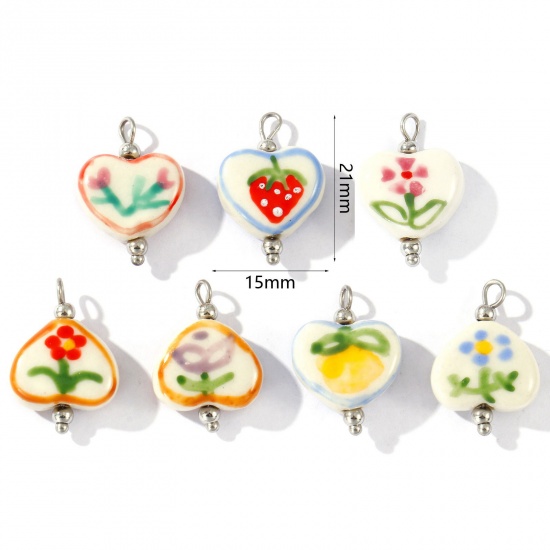 Picture of Eco-friendly 304 Stainless Steel & Resin Valentine's Day Charms Wholesale Silver Tone Heart Painted 21mm x 15mm