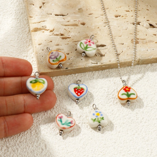 Picture of Eco-friendly 304 Stainless Steel & Resin Valentine's Day Charms Wholesale Silver Tone Heart Painted 21mm x 15mm