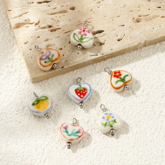 Picture of Eco-friendly 304 Stainless Steel & Resin Valentine's Day Charms Wholesale Silver Tone Heart Painted 21mm x 15mm