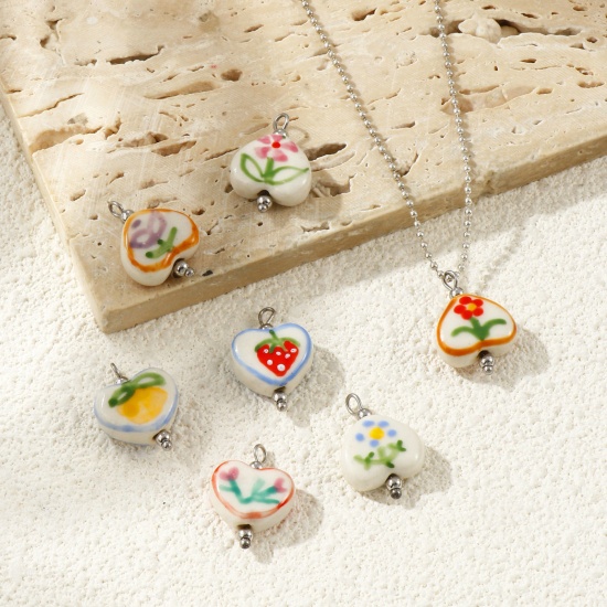 Picture of Eco-friendly 304 Stainless Steel & Resin Valentine's Day Charms Wholesale Silver Tone Heart Painted 21mm x 15mm