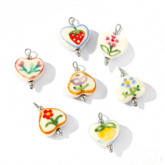 Picture of Eco-friendly 304 Stainless Steel & Resin Valentine's Day Charms Wholesale Silver Tone Heart Painted 21mm x 15mm