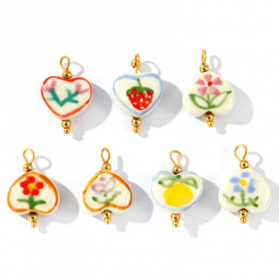 Imagen de 2 Unidades PVD Ecológico Impermeable Antioxidante Hipoalergénico 304 Acero Inoxidable & Resina día de San Valentín Colgantes Al Por Mayor 18K Oro Real Chapado Multicolor Corazón Pintado 21mm x 15mm