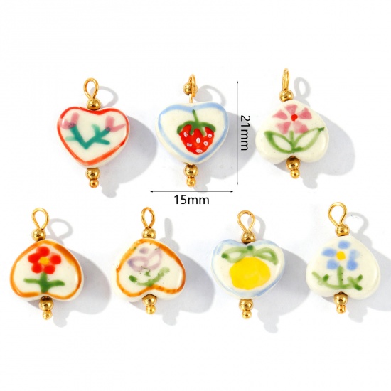 Imagen de 2 Unidades PVD Ecológico Impermeable Antioxidante Hipoalergénico 304 Acero Inoxidable & Resina día de San Valentín Colgantes Al Por Mayor 18K Oro Real Chapado Multicolor Corazón Pintado 21mm x 15mm