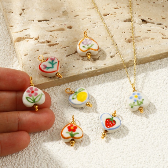 Imagen de 2 Unidades PVD Ecológico Impermeable Antioxidante Hipoalergénico 304 Acero Inoxidable & Resina día de San Valentín Colgantes Al Por Mayor 18K Oro Real Chapado Multicolor Corazón Pintado 21mm x 15mm