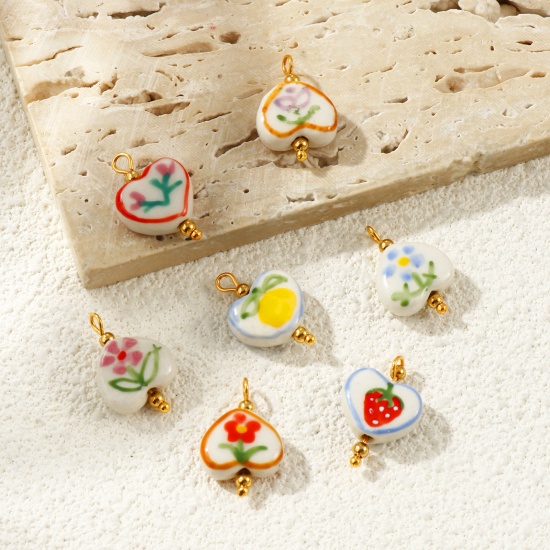 Imagen de 2 Unidades PVD Ecológico Impermeable Antioxidante Hipoalergénico 304 Acero Inoxidable & Resina día de San Valentín Colgantes Al Por Mayor 18K Oro Real Chapado Multicolor Corazón Pintado 21mm x 15mm
