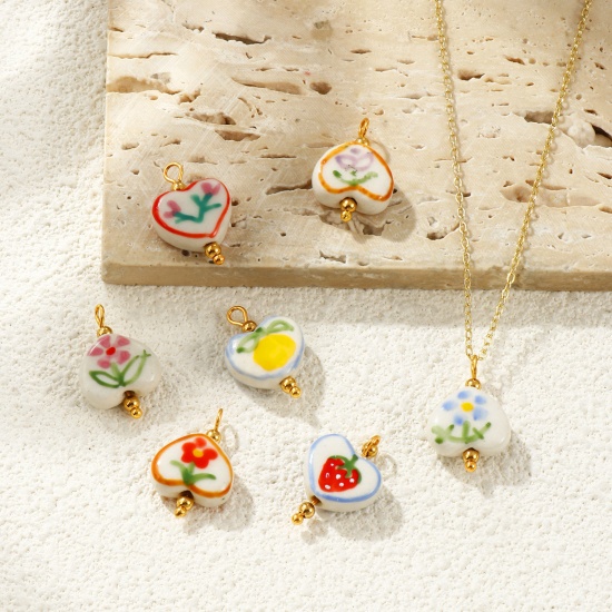 Imagen de 2 Unidades PVD Ecológico Impermeable Antioxidante Hipoalergénico 304 Acero Inoxidable & Resina día de San Valentín Colgantes Al Por Mayor 18K Oro Real Chapado Multicolor Corazón Pintado 21mm x 15mm