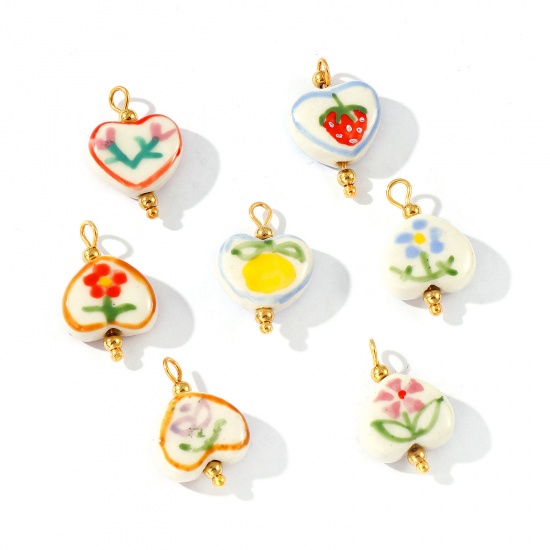 Imagen de 2 Unidades PVD Ecológico Impermeable Antioxidante Hipoalergénico 304 Acero Inoxidable & Resina día de San Valentín Colgantes Al Por Mayor 18K Oro Real Chapado Multicolor Corazón Pintado 21mm x 15mm