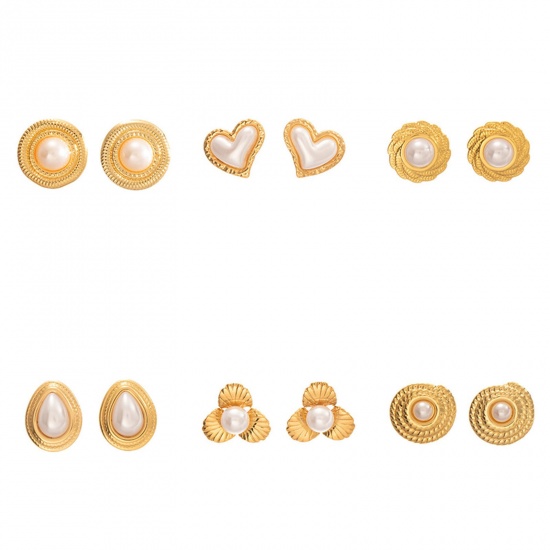 Immagine di Squisito Elegante Orecchini a Perno All'Ingrosso, Imitata Perla Placcato Oro 18K 304 Acciaio Inossidabile, Donne PVD Ecologica Regalo Fornitura di Gioielli, 1 Paio