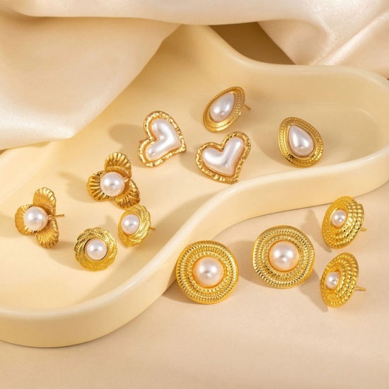 Immagine di Squisito Elegante Orecchini a Perno All'Ingrosso, Imitata Perla Placcato Oro 18K 304 Acciaio Inossidabile, Donne PVD Ecologica Regalo Fornitura di Gioielli, 1 Paio