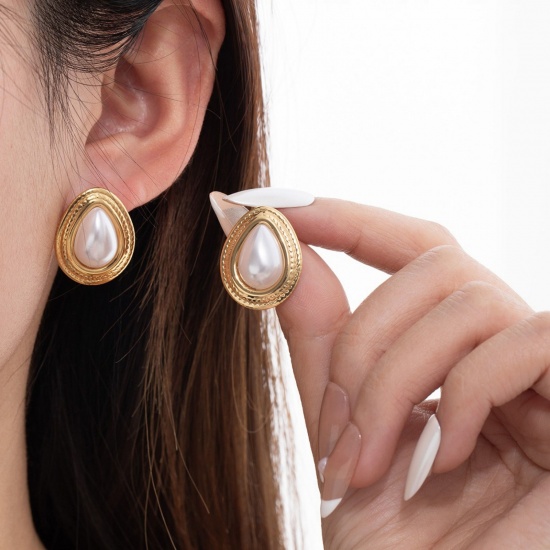 Immagine di Squisito Elegante Orecchini a Perno All'Ingrosso, Imitata Perla Placcato Oro 18K 304 Acciaio Inossidabile, Donne PVD Ecologica Regalo Fornitura di Gioielli, 1 Paio