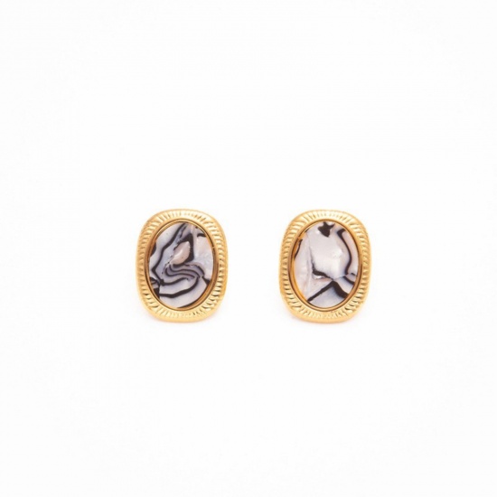 Picture of Wholesale Retro Dainty Ear Post Stud Earrings, Oval Imitation Shell 18K Gold Plated 304 Stainless Steel, Women's Eco-friendly PVD Gift Jewelry Supply, 25mm x 20mm