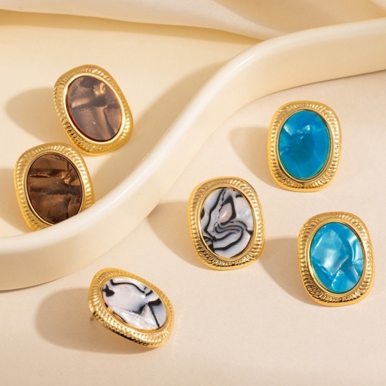 Picture of Wholesale Retro Dainty Ear Post Stud Earrings, Oval Imitation Shell 18K Gold Plated 304 Stainless Steel, Women's Eco-friendly PVD Gift Jewelry Supply, 25mm x 20mm