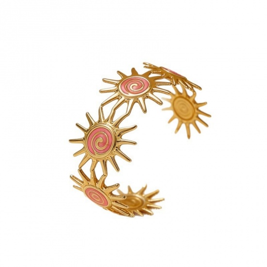 Picture of Wholesale Sun Enamel 304 Stainless Steel Open Cuff Bangles Bracelets, 18K Gold Plated Eco-friendly PVD, Women's Galaxy Retro Gift Jewelry Supply, 5.3cm Dia.