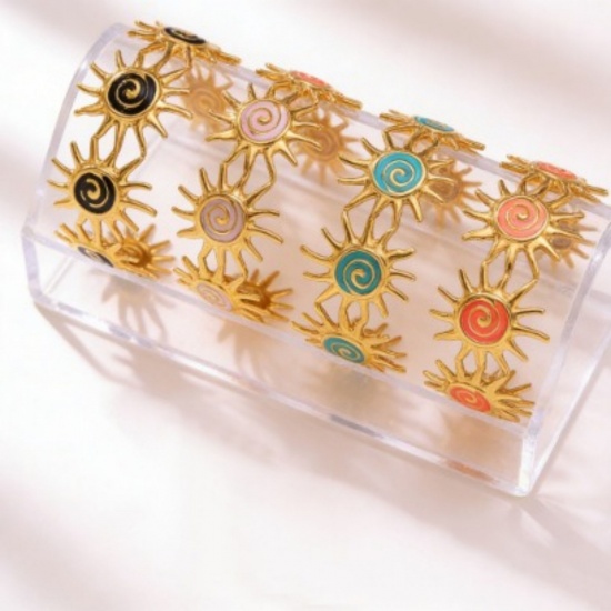 Picture of Wholesale Sun Enamel 304 Stainless Steel Open Cuff Bangles Bracelets, 18K Gold Plated Eco-friendly PVD, Women's Galaxy Retro Gift Jewelry Supply, 5.3cm Dia.