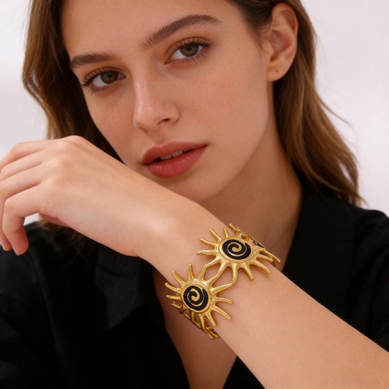 Picture of Wholesale Sun Enamel 304 Stainless Steel Open Cuff Bangles Bracelets, 18K Gold Plated Eco-friendly PVD, Women's Galaxy Retro Gift Jewelry Supply, 5.3cm Dia.