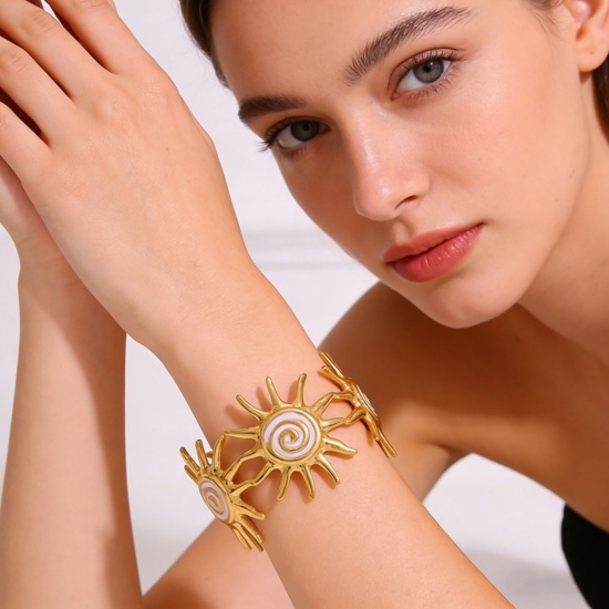Picture of Wholesale Sun Enamel 304 Stainless Steel Open Cuff Bangles Bracelets, 18K Gold Plated Eco-friendly PVD, Women's Galaxy Retro Gift Jewelry Supply, 5.3cm Dia.