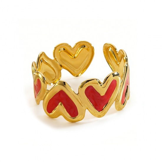 Picture of Wholesale Heart Enamel 304 Stainless Steel Open Cuff Bangles Bracelets, 18K Gold Plated Eco-friendly PVD, Women's Valentine's Day Dainty Gift Jewelry Supply, 5.5cm Dia.