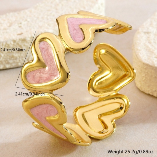 Picture of Wholesale Heart Enamel 304 Stainless Steel Open Cuff Bangles Bracelets, 18K Gold Plated Eco-friendly PVD, Women's Valentine's Day Dainty Gift Jewelry Supply, 5.5cm Dia.