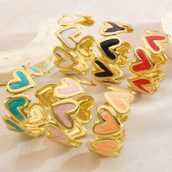 Picture of Wholesale Heart Enamel 304 Stainless Steel Open Cuff Bangles Bracelets, 18K Gold Plated Eco-friendly PVD, Women's Valentine's Day Dainty Gift Jewelry Supply, 5.5cm Dia.