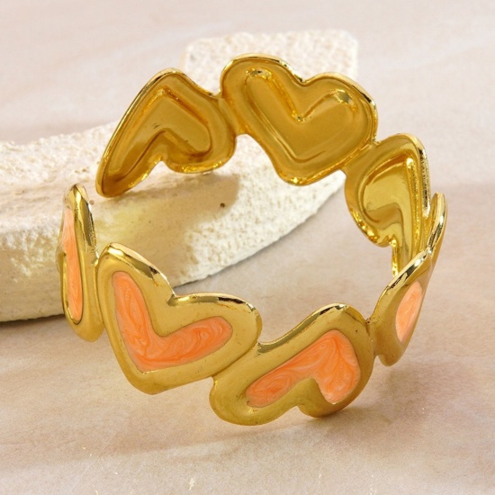 Picture of Wholesale Heart Enamel 304 Stainless Steel Open Cuff Bangles Bracelets, 18K Gold Plated Eco-friendly PVD, Women's Valentine's Day Dainty Gift Jewelry Supply, 5.5cm Dia.