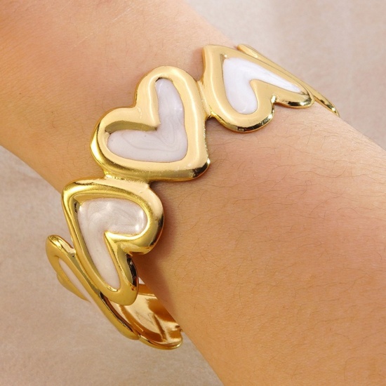 Picture of Wholesale Heart Enamel 304 Stainless Steel Open Cuff Bangles Bracelets, 18K Gold Plated Eco-friendly PVD, Women's Valentine's Day Dainty Gift Jewelry Supply, 5.5cm Dia.