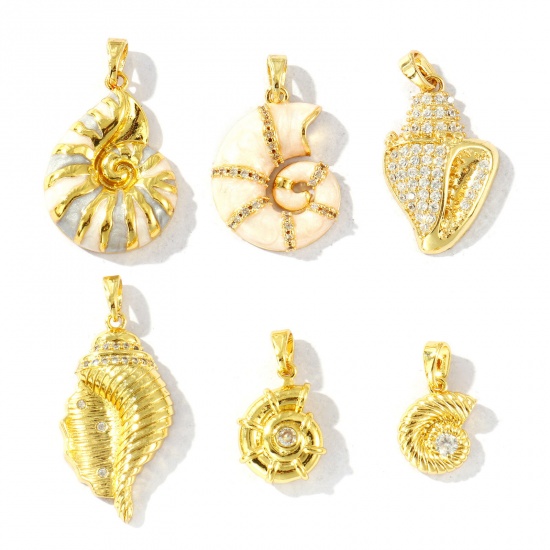 Bild von Messing Ozean Schmuck Charm-Anhänger Großhandel 18K Vergoldet Emaille Strandschnecke Transparent Strassstein