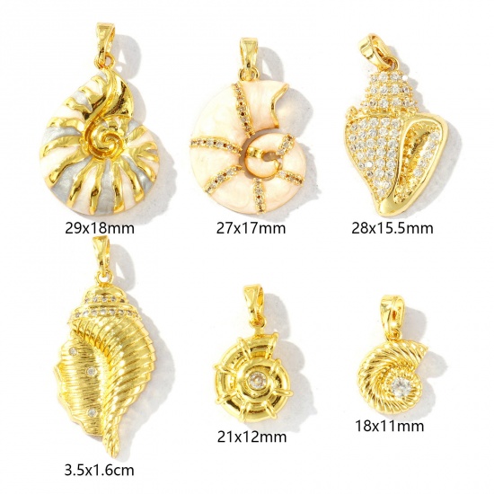 Bild von Messing Ozean Schmuck Charm-Anhänger Großhandel 18K Vergoldet Emaille Strandschnecke Transparent Strassstein