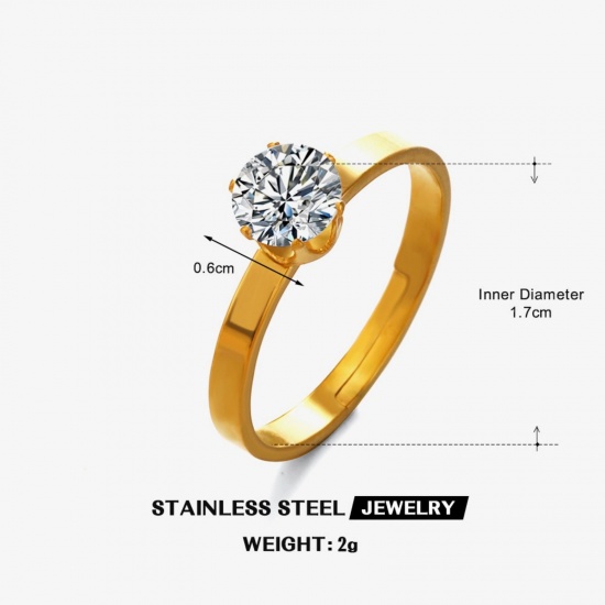 Picture of Wholesale Women's Gift Clear Cubic Zirconia Open Adjustable Rings, 18K Gold Plated 304 Stainless Steel, Eco-friendly PVD Simple Stylish Jewelry Supply, 17mm(US Size 6.5)