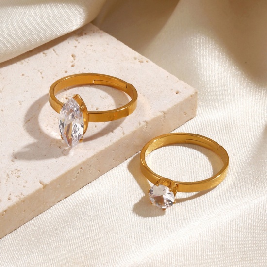 Picture of Wholesale Women's Gift Clear Cubic Zirconia Open Adjustable Rings, 18K Gold Plated 304 Stainless Steel, Eco-friendly PVD Simple Stylish Jewelry Supply, 17mm(US Size 6.5)