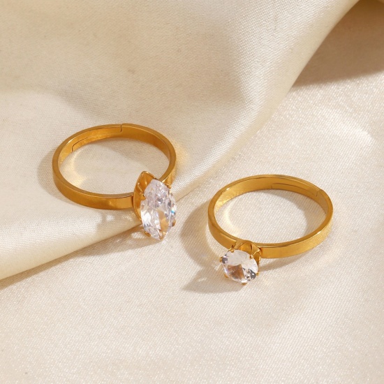 Picture of Wholesale Women's Gift Clear Cubic Zirconia Open Adjustable Rings, 18K Gold Plated 304 Stainless Steel, Eco-friendly PVD Simple Stylish Jewelry Supply, 17mm(US Size 6.5)