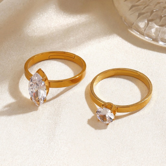 Picture of Wholesale Women's Gift Clear Cubic Zirconia Open Adjustable Rings, 18K Gold Plated 304 Stainless Steel, Eco-friendly PVD Simple Stylish Jewelry Supply, 17mm(US Size 6.5)