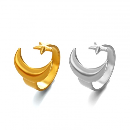 Immagine di Donne Regalo Stella e Luna a forma di Crescente Aperto Regolabile Anello All'Ingrosso, Multicolore 304 Acciaio Inossidabile, Ecologico Religione Elegante Fornitura di Gioielli, 17.5mm (taglia di US: 7.25), 1 Pz