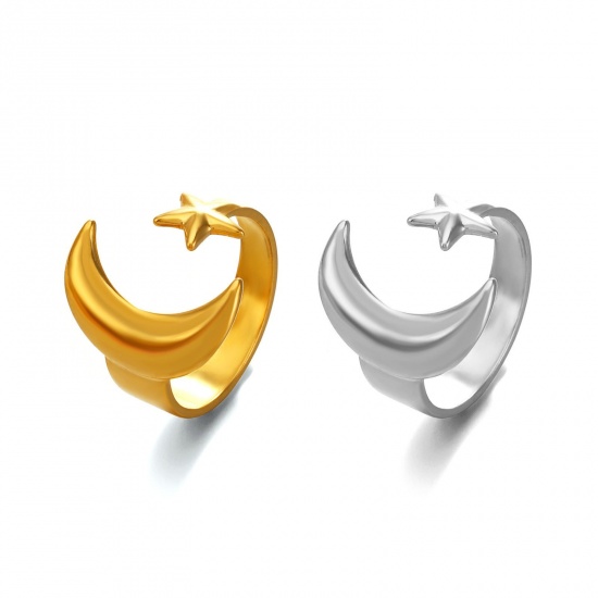 Picture of Wholesale Women's Gift Star And Crescent Moon Open Adjustable Rings, Multicolor 304 Stainless Steel, Eco-friendly Religious Stylish Jewelry Supply, 17.5mm(US size 7.25)