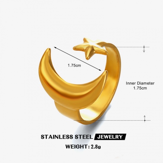 Picture of Wholesale Women's Gift Star And Crescent Moon Open Adjustable Rings, Multicolor 304 Stainless Steel, Eco-friendly Religious Stylish Jewelry Supply, 17.5mm(US size 7.25)