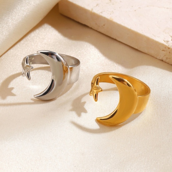Picture of Wholesale Women's Gift Star And Crescent Moon Open Adjustable Rings, Multicolor 304 Stainless Steel, Eco-friendly Religious Stylish Jewelry Supply, 17.5mm(US size 7.25)