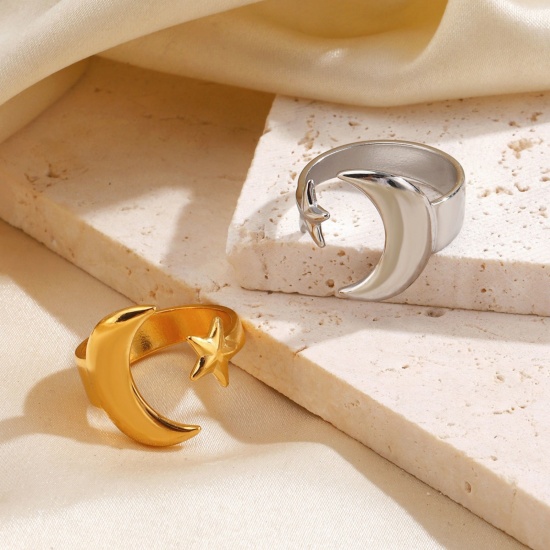 Picture of Wholesale Women's Gift Star And Crescent Moon Open Adjustable Rings, Multicolor 304 Stainless Steel, Eco-friendly Religious Stylish Jewelry Supply, 17.5mm(US size 7.25)