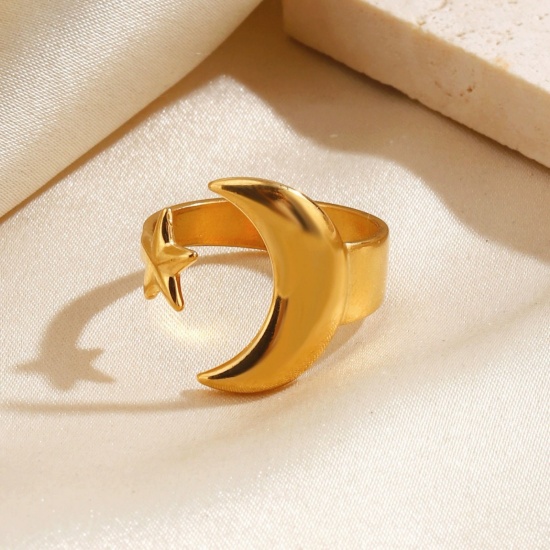 Picture of Wholesale Women's Gift Star And Crescent Moon Open Adjustable Rings, Multicolor 304 Stainless Steel, Eco-friendly Religious Stylish Jewelry Supply, 17.5mm(US size 7.25)