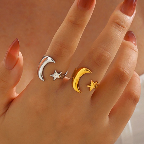 Picture of Wholesale Women's Gift Star And Crescent Moon Open Adjustable Rings, Multicolor 304 Stainless Steel, Eco-friendly Religious Stylish Jewelry Supply, 17.5mm(US size 7.25)