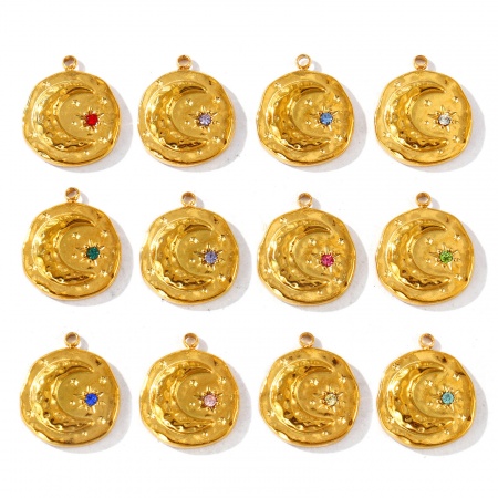 Immagine di 2 Pz PVD Ecologica Impermeabile Anti-Ossidante Ipoallergenico 304 Acciaio Inossidabile & Zircone Cubico Pietra Di Nascita Ciondoli All'Ingrosso 18K Vero Oro Placcato Tondo Luna 17mm x 15mm